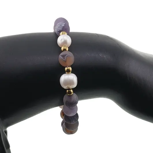 Bratara pe elastic Perle de cultura, bumbi aurii si Agat mov mat sfere 8mm, imagine 3