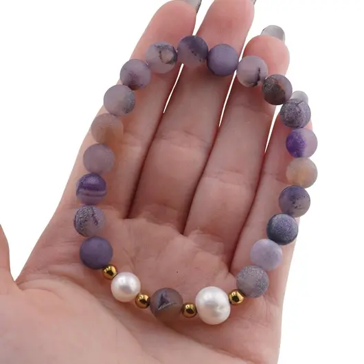 Bratara pe elastic Perle de cultura, bumbi aurii si Agat mov mat sfere 8mm, imagine 4