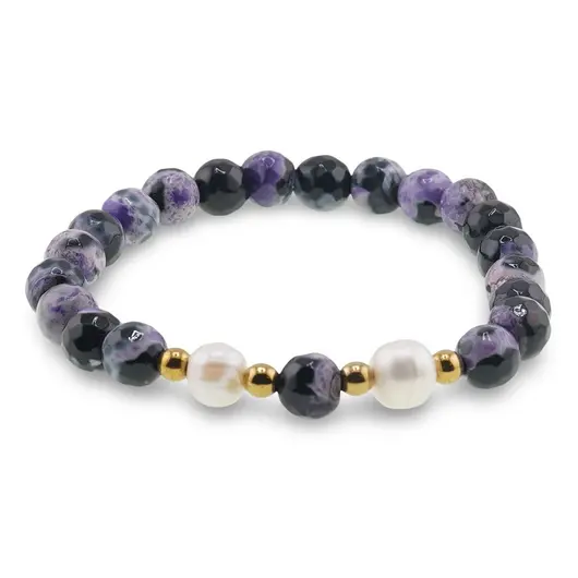 Bratara pe elastic Perle de cultura, bumbi aurii si Agat mov patat sfere fatetate 8mm, imagine 2