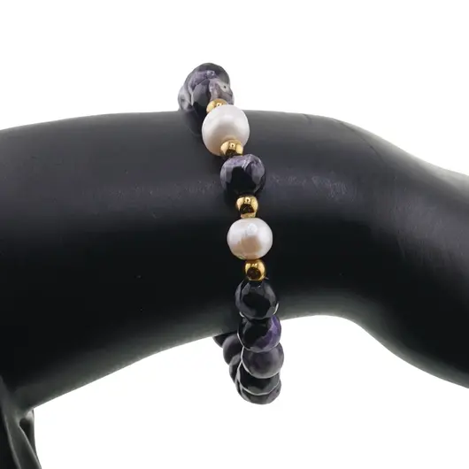 Bratara pe elastic Perle de cultura, bumbi aurii si Agat mov patat sfere fatetate 8mm, imagine 3