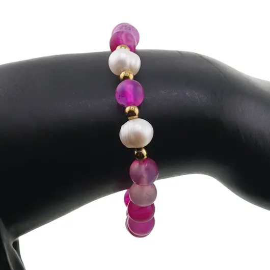 Bratara pe elastic Perle de cultura, bumbi aurii si Agat roz mat sfere 8mm, imagine 3