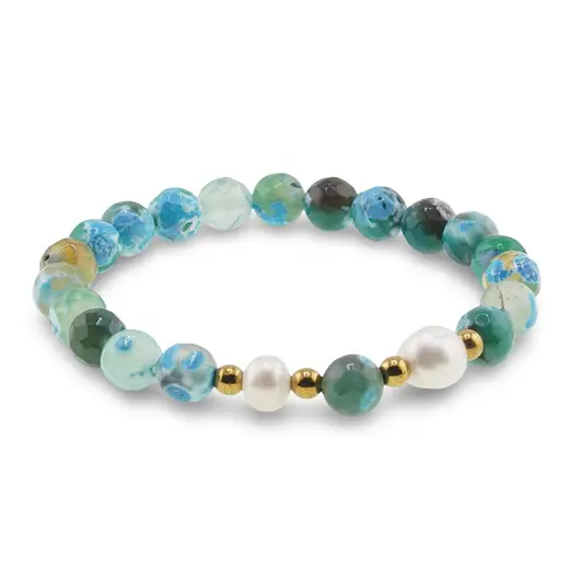 Bratara pe elastic Perle de cultura, bumbi aurii si Agat verde patat sfere fatetate 8mm, imagine 2