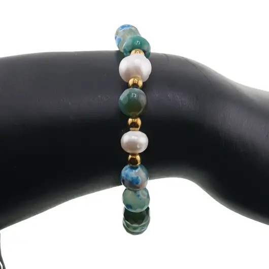 Bratara pe elastic Perle de cultura, bumbi aurii si Agat verde patat sfere fatetate 8mm, imagine 3