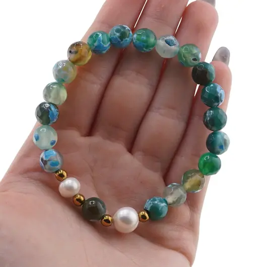 Bratara pe elastic Perle de cultura, bumbi aurii si Agat verde patat sfere fatetate 8mm, imagine 4