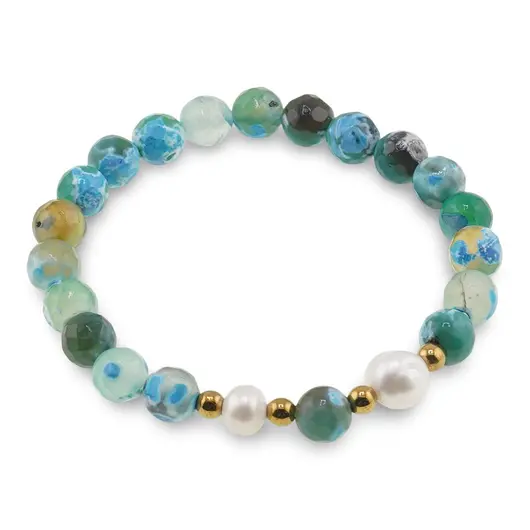 Bratara pe elastic Perle de cultura, bumbi aurii si Agat verde patat sfere fatetate 8mm