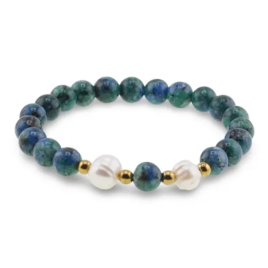 Bratara pe elastic Perle de cultura, bumbi aurii si Azurit sfere 8mm, imagine 2