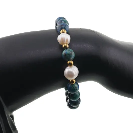 Bratara pe elastic Perle de cultura, bumbi aurii si Azurit sfere 8mm, imagine 3