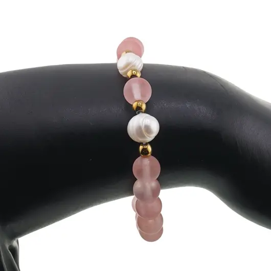 Bratara pe elastic Perle de cultura, bumbi aurii si Cuart cherry sfere 8mm, imagine 3