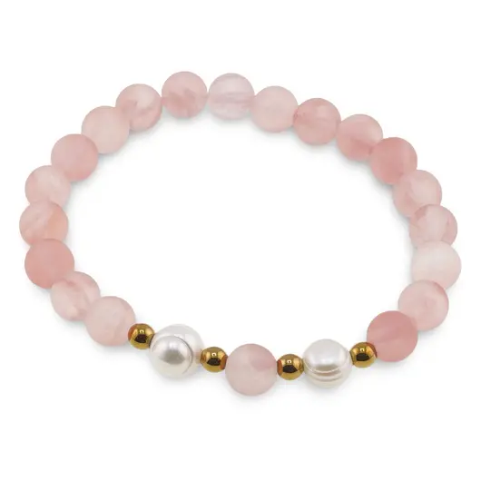 Bratara pe elastic Perle de cultura, bumbi aurii si Cuart cherry sfere 8mm