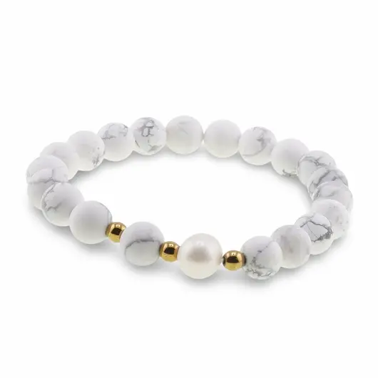 Bratara pe elastic Perle de cultura, bumbi aurii si Howlit sfere mate 8mm, imagine 2