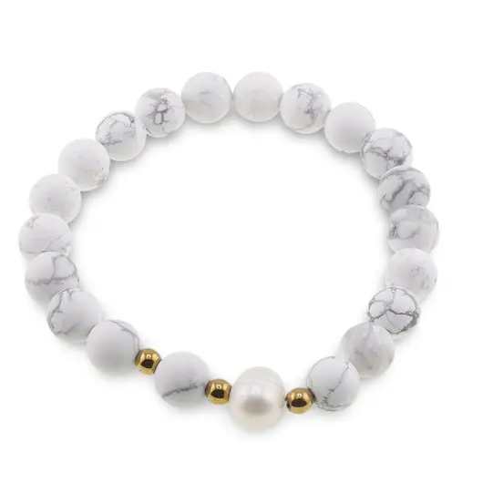 Bratara pe elastic Perle de cultura, bumbi aurii si Howlit sfere mate 8mm