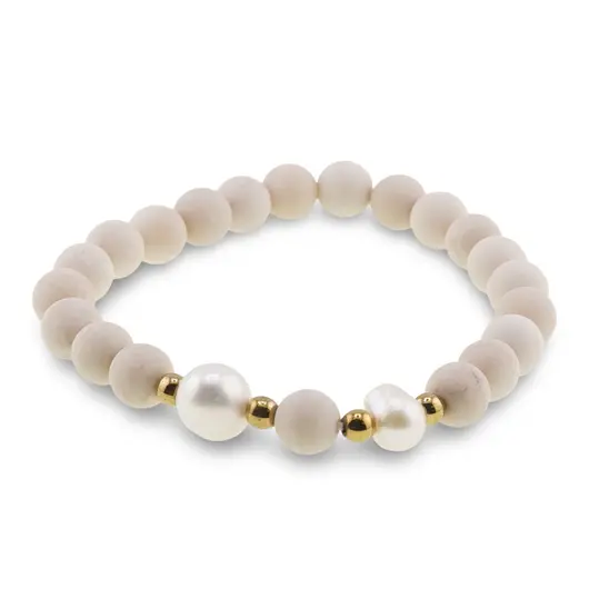 Bratara pe elastic Perle de cultura, bumbi aurii si Jasp fosilic sfere 8mm, imagine 2