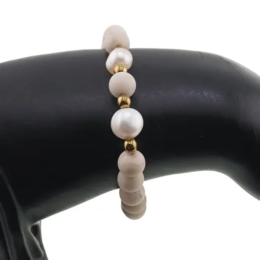 Bratara pe elastic Perle de cultura, bumbi aurii si Jasp fosilic sfere 8mm, imagine 3