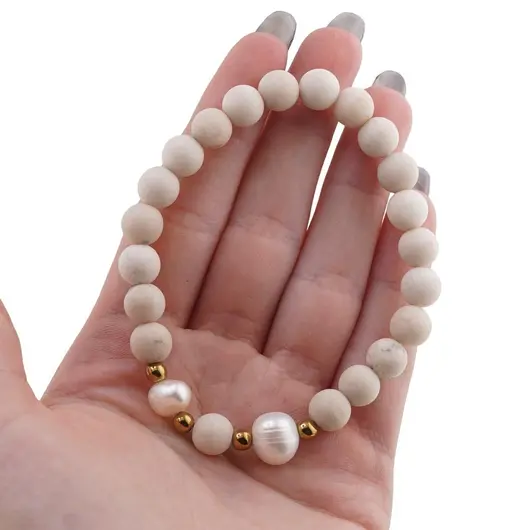 Bratara pe elastic Perle de cultura, bumbi aurii si Jasp fosilic sfere 8mm, imagine 4