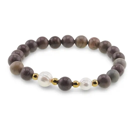Bratara pe elastic Perle de cultura, bumbi aurii si Jasp policrom sfere 8mm, imagine 2
