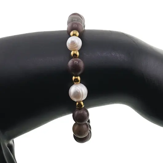 Bratara pe elastic Perle de cultura, bumbi aurii si Jasp policrom sfere 8mm, imagine 3