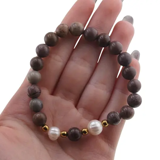 Bratara pe elastic Perle de cultura, bumbi aurii si Jasp policrom sfere 8mm, imagine 4