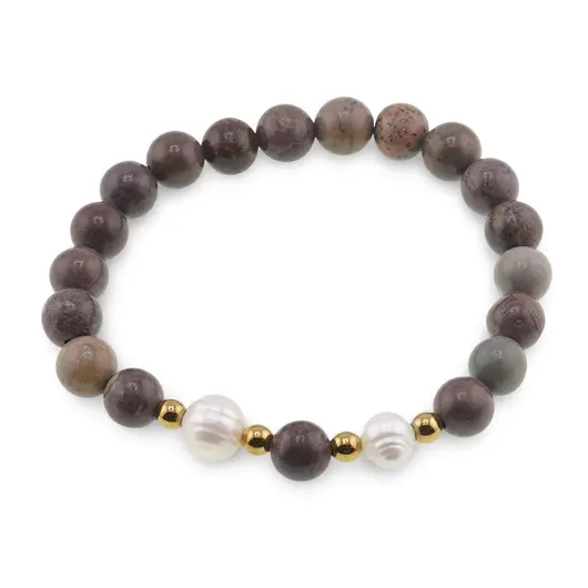 Bratara pe elastic Perle de cultura, bumbi aurii si Jasp policrom sfere 8mm