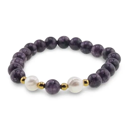 Bratara pe elastic Perle de cultura, bumbi aurii si Jasp sesame mov sfere 8mm, imagine 2