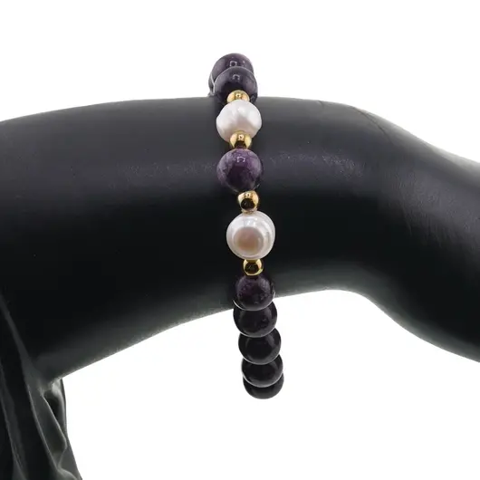 Bratara pe elastic Perle de cultura, bumbi aurii si Jasp sesame mov sfere 8mm, imagine 3