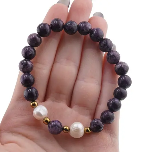 Bratara pe elastic Perle de cultura, bumbi aurii si Jasp sesame mov sfere 8mm, imagine 4