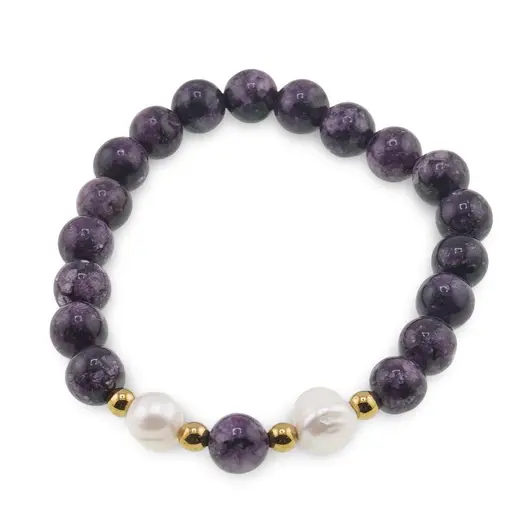 Bratara pe elastic Perle de cultura, bumbi aurii si Jasp sesame mov sfere 8mm