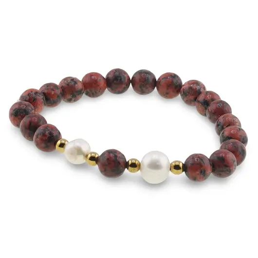 Bratara pe elastic Perle de cultura, bumbi aurii si Jasp sesame rosu sfere 8mm, imagine 2
