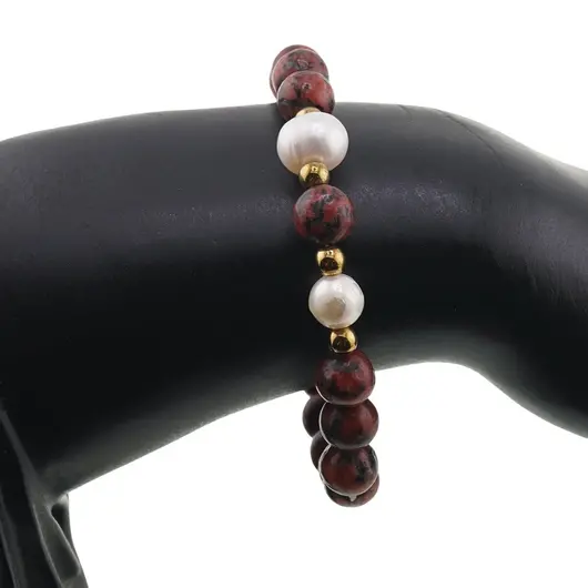 Bratara pe elastic Perle de cultura, bumbi aurii si Jasp sesame rosu sfere 8mm, imagine 3