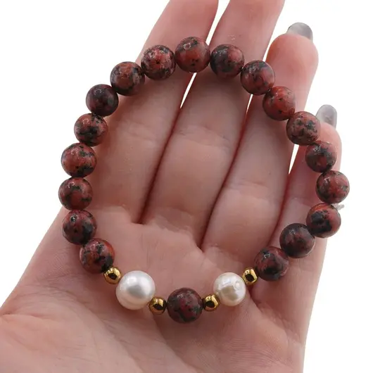 Bratara pe elastic Perle de cultura, bumbi aurii si Jasp sesame rosu sfere 8mm, imagine 4