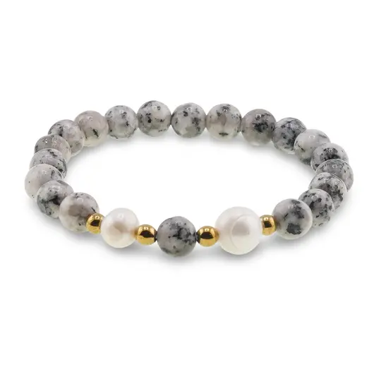 Bratara pe elastic Perle de cultura, bumbi aurii si Jasp sesame sfere 8mm, imagine 2