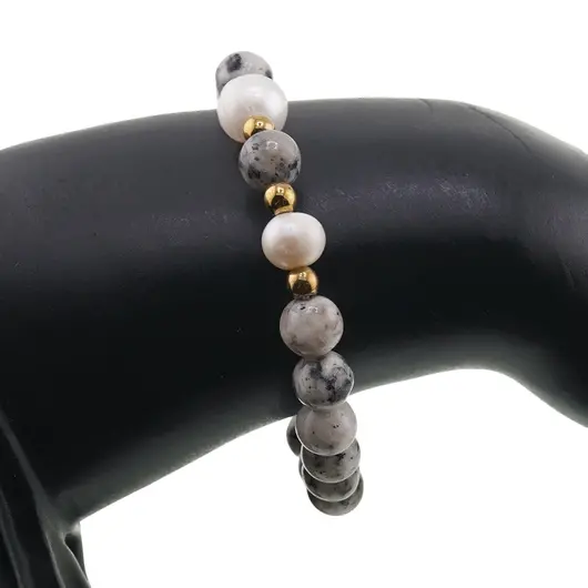 Bratara pe elastic Perle de cultura, bumbi aurii si Jasp sesame sfere 8mm, imagine 3
