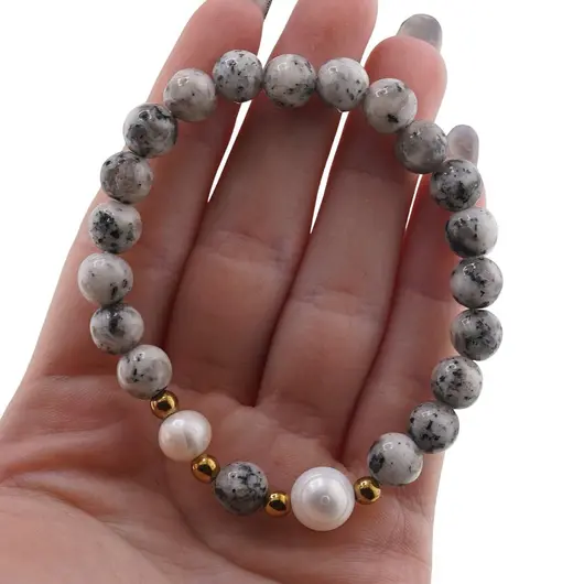 Bratara pe elastic Perle de cultura, bumbi aurii si Jasp sesame sfere 8mm, imagine 4
