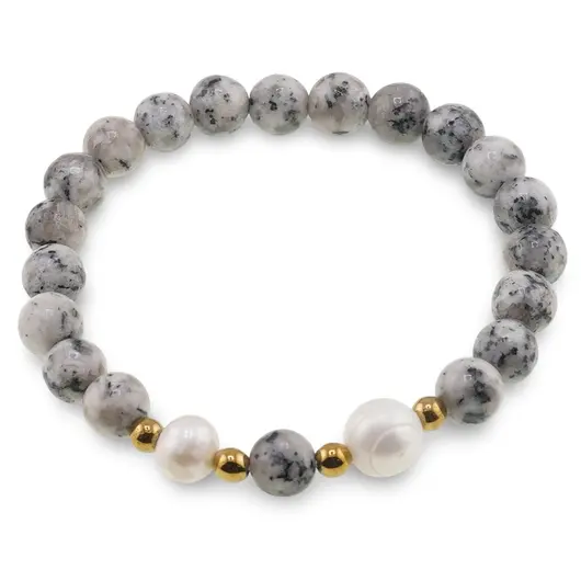 Bratara pe elastic Perle de cultura, bumbi aurii si Jasp sesame sfere 8mm