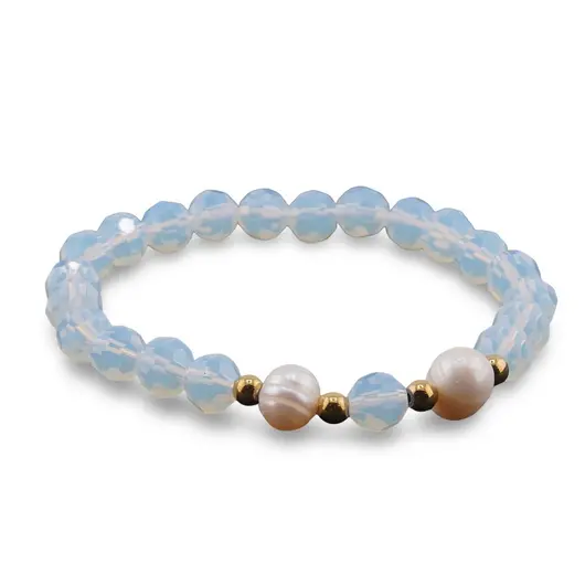 Bratara pe elastic Perle de cultura, bumbi aurii si Opalit sfere fatetate 8mm, imagine 2