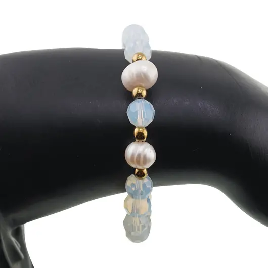 Bratara pe elastic Perle de cultura, bumbi aurii si Opalit sfere fatetate 8mm, imagine 3