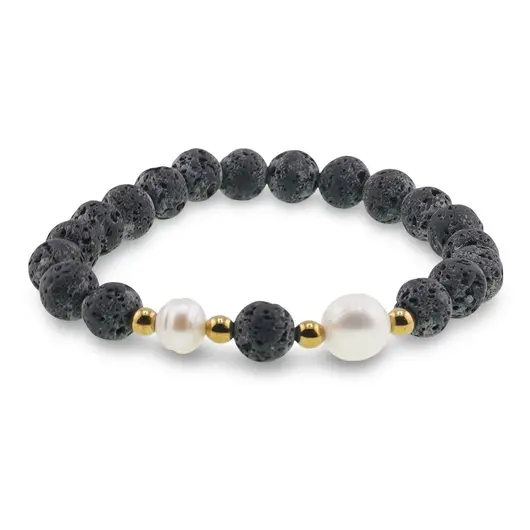Bratara pe elastic Perle de cultura, bumbi aurii si Roca vulcanica sfere 8mm, imagine 2