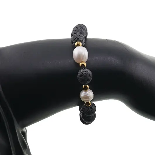Bratara pe elastic Perle de cultura, bumbi aurii si Roca vulcanica sfere 8mm, imagine 3