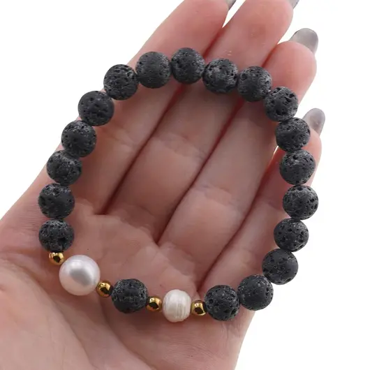 Bratara pe elastic Perle de cultura, bumbi aurii si Roca vulcanica sfere 8mm, imagine 4
