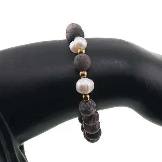 Bratara pe elastic Perle de cultura, bumbi aurii si Rodonit sfere mate 8mm, imagine 3