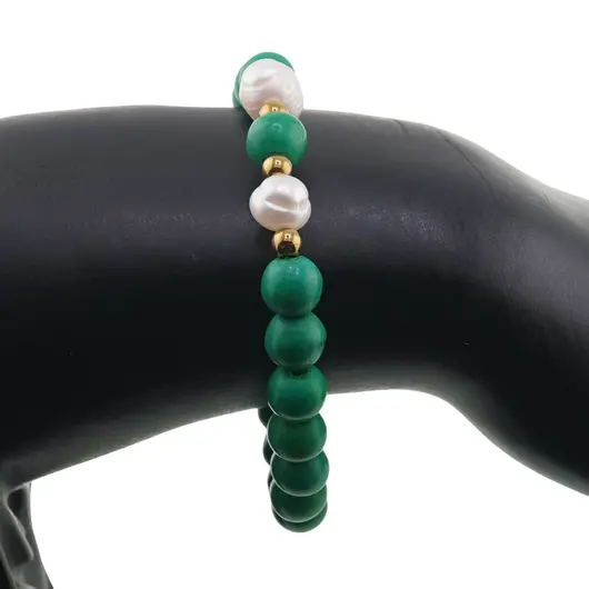 Bratara pe elastic Perle de cultura, bumbi aurii si Turcoaz verde sfere 8mm, imagine 3