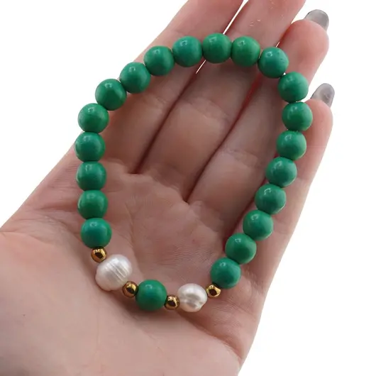 Bratara pe elastic Perle de cultura, bumbi aurii si Turcoaz verde sfere 8mm, imagine 4
