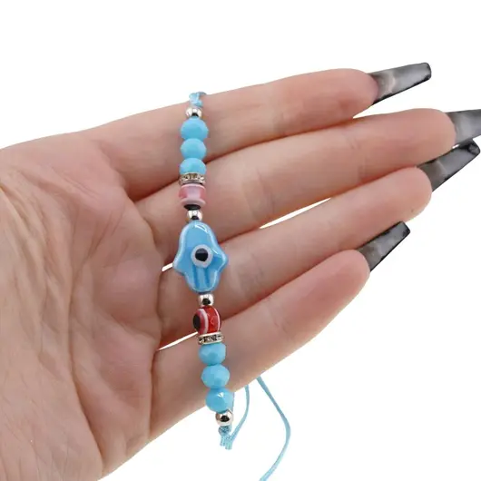 Bratara reglabila cu Mana fatimei, ochi protectori si margele bleu, imagine 3