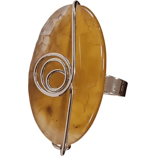 Inel reglabil Agat galben oval, metal argintiu si sarma