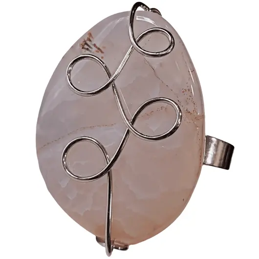 Inel reglabil Agat portocaliu oval, metal argintiu si sarma