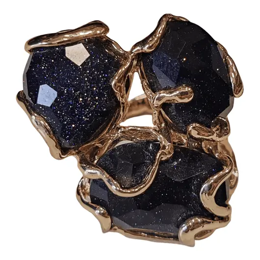 Inel reglabil cu 3 pietre fatetate de Goldstone albastru, montura aurie