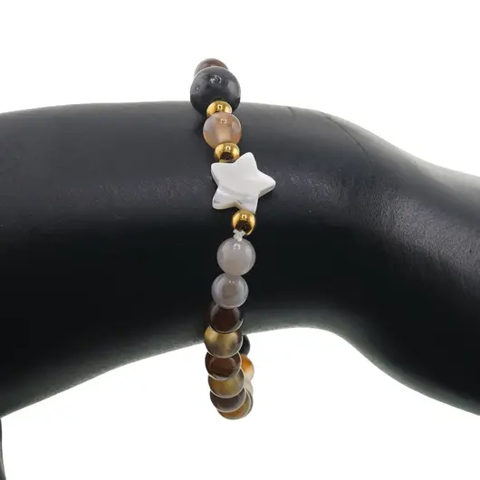 Bratara Agat maro sfere 6mm, Larvikit 8mm si steluta din Sidef 10mm cu bumbi aurii, imagine 3