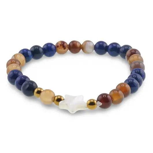 Bratara Agat maro si Lapis Lazuli sfere 6mm, Larvikit 8mm si steluta din Sidef 10mm cu bumbi aurii, imagine 2