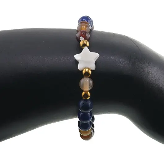 Bratara Agat maro si Lapis Lazuli sfere 6mm, Larvikit 8mm si steluta din Sidef 10mm cu bumbi aurii, imagine 3