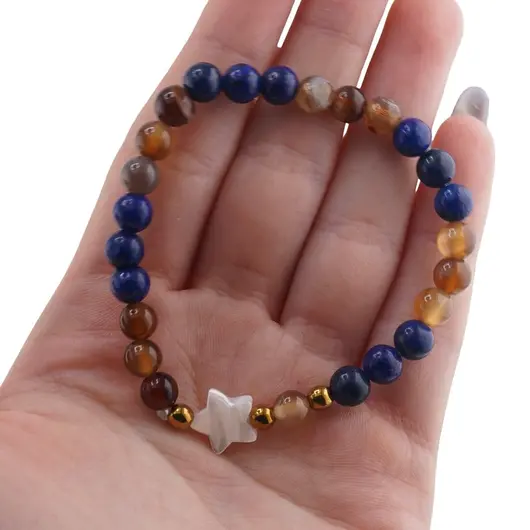 Bratara Agat maro si Lapis Lazuli sfere 6mm, Larvikit 8mm si steluta din Sidef 10mm cu bumbi aurii, imagine 4