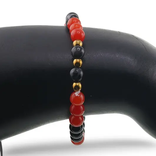 Bratara Agat rosu si Agat negru sfere cu bumbi aurii, 6mm, imagine 3